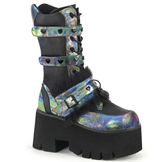 Image of Demonia ASHES-120 Blk Vegan Le Green Multi Oil 3 1/2 Inch Chunky Heel 2 1/4 Inch PF Lace-Up Mid-Calf BT Side Zip