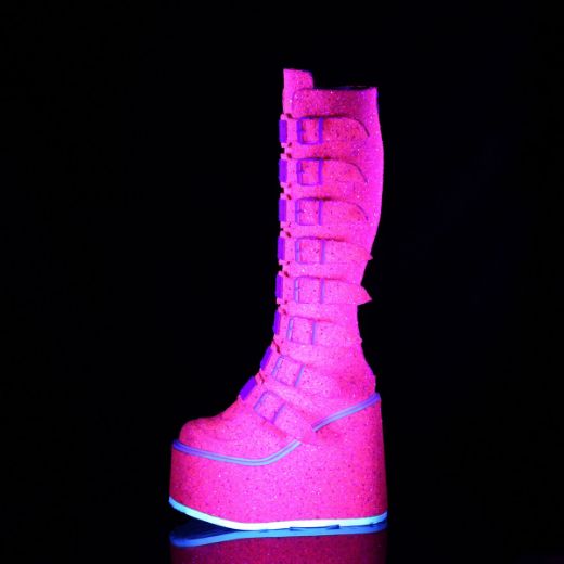 Image of Demonia SWING-815UV Pink Glitter 5 1/2 Inch PF Knee High Boot w/ 8 Buckle Straps Back Metal Zip