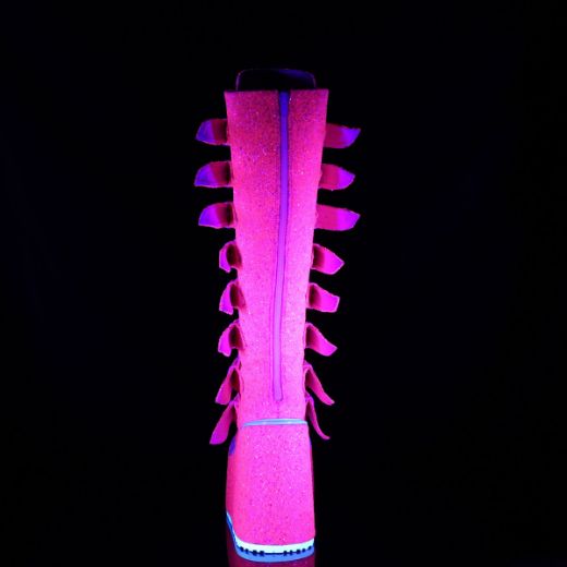 Image of Demonia SWING-815UV Pink Glitter 5 1/2 Inch PF Knee High Boot w/ 8 Buckle Straps Back Metal Zip
