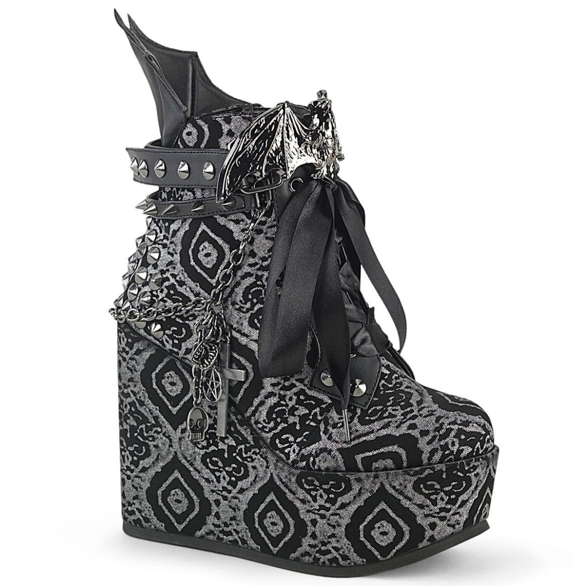 Image of Demonia POISON-107 Blk-Silver Faux Nubuck Leather 5 Inch Wedge PF Boot w/Straps Studs Assorted Charms & Chain