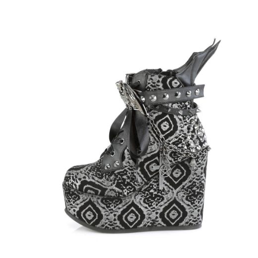 Image of Demonia POISON-107 Blk-Silver Faux Nubuck Leather 5 Inch Wedge PF Boot w/Straps Studs Assorted Charms & Chain