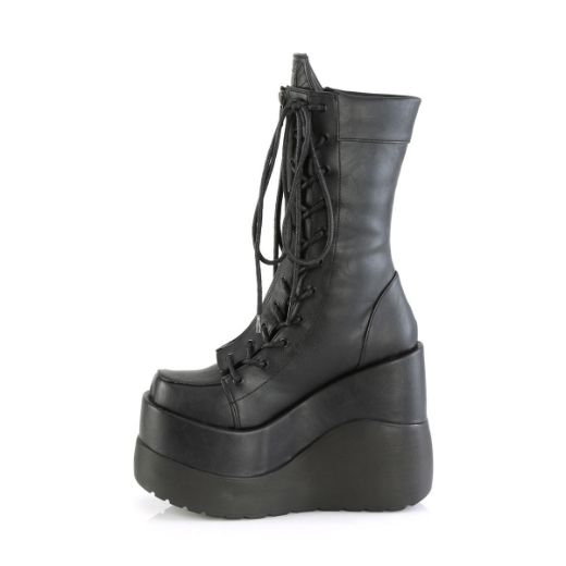 Image of Demonia VOID-118 Blk Vegan Leather-Pat 5 Inch Wedge Tiered PF Outside Lace-Up Mid-Calf BT Center Zip
