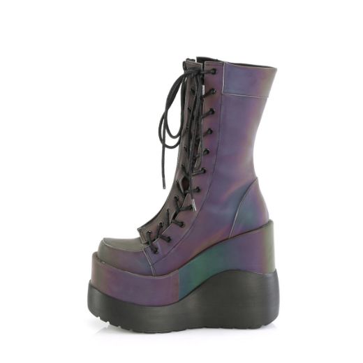 Image of Demonia VOID-118 Green Multi Reflective 5 Inch Wedge Tiered PF Outside Lace-Up Mid-Calf BT Center Zip
