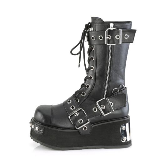 Image of Demonia TRASHVILLE-250 Blk Vegan Leather 3 1/4 Inch PF Mid-Calf Boot w/ Wrap Around Straps Outside Zip