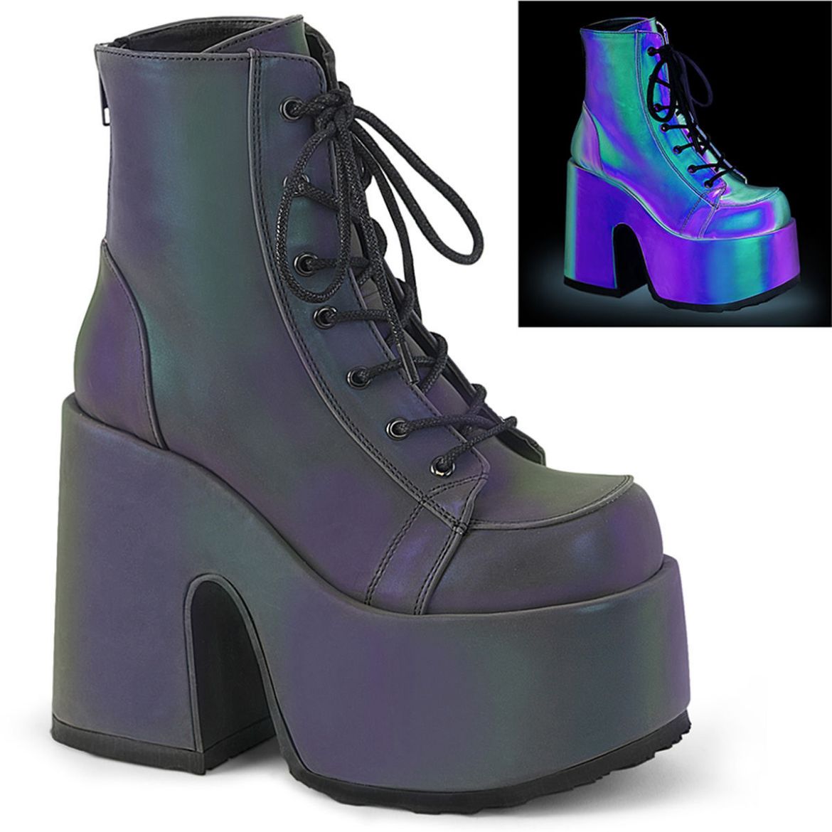 Image of Demonia CAMEL-203 Green Multi Reflective 3 1/2 Inch Chunky Heel 2 1/4 Inch PF Lace-Up Ankle BT Side Zip
