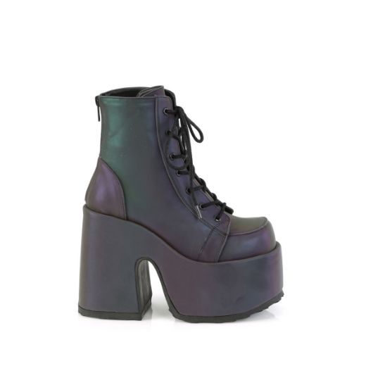 Image of Demonia CAMEL-203 Green Multi Reflective 3 1/2 Inch Chunky Heel 2 1/4 Inch PF Lace-Up Ankle BT Side Zip