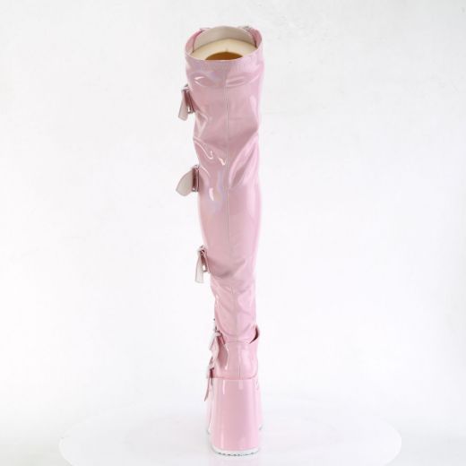 Image of Demonia CAMEL-305 B. Pink Stretch Hologram 5 Inch Chunky Heel 3 Inch PF Thigh-High Lace-Up Boot Inside Zip