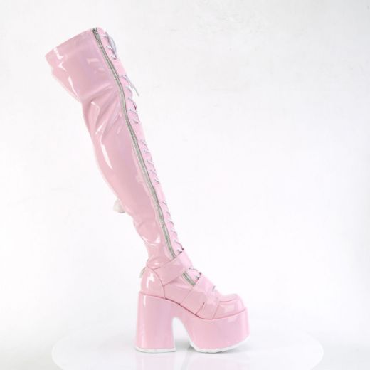 Image of Demonia CAMEL-305 B. Pink Stretch Hologram 5 Inch Chunky Heel 3 Inch PF Thigh-High Lace-Up Boot Inside Zip