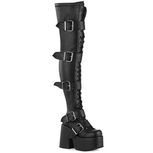 Image of Demonia CAMEL-305 Blk Stretch Vegan Leather 5 Inch Chunky Heel 3 Inch PF Thigh-High Lace-Up Boot Inside Zip