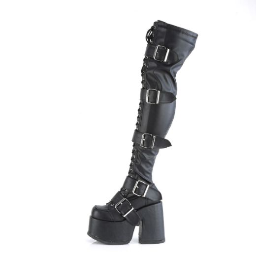 Image of Demonia CAMEL-305 Blk Stretch Vegan Leather 5 Inch Chunky Heel 3 Inch PF Thigh-High Lace-Up Boot Inside Zip