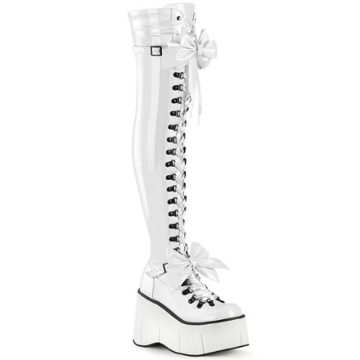 Image of Demonia KERA-303 Wht Stretch Patent 4 1/2 Inch Wedge PF Lace-Up Stretch Thigh Boot Side Zip