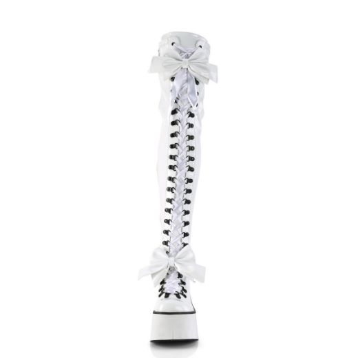 Image of Demonia KERA-303 Wht Stretch Patent 4 1/2 Inch Wedge PF Lace-Up Stretch Thigh Boot Side Zip