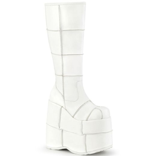 Image of Demonia STACK-301 Wht Vegan Leather 7 Inch PF Knee High Boot Side Zip