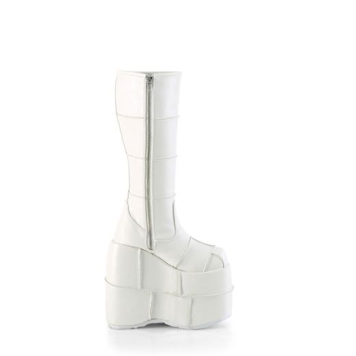 Image of Demonia STACK-301 Wht Vegan Leather 7 Inch PF Knee High Boot Side Zip