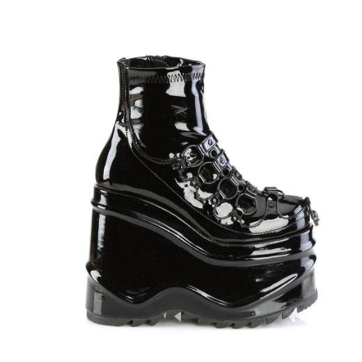 Image of Demonia WAVE-110 Blk Pat 6 Inch Wedge PF Stretch Ankle Boot Inside Zip
