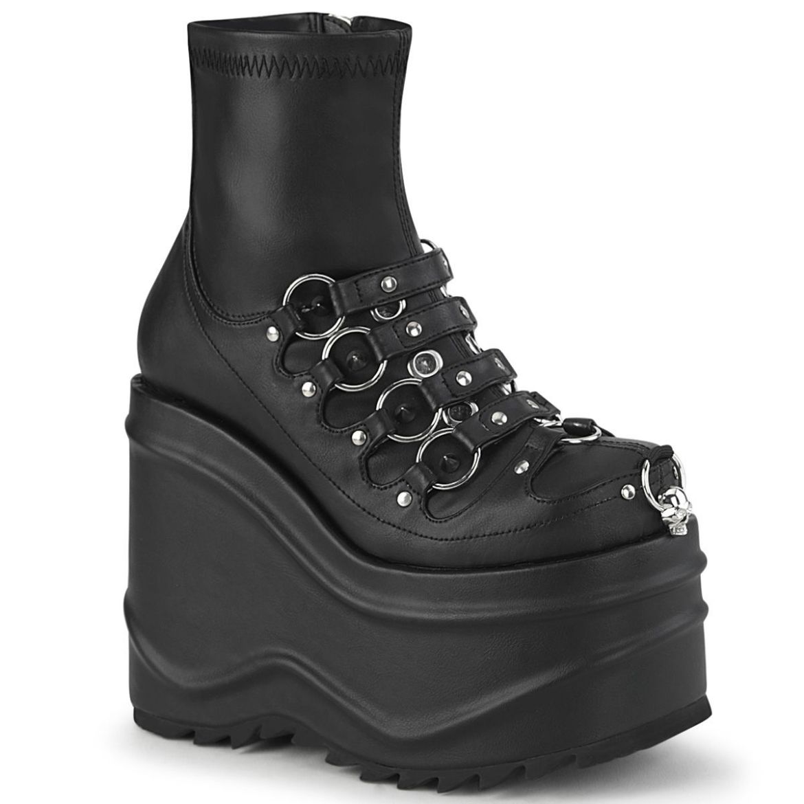 Image of Demonia WAVE-110 Blk Stretch Vegan Leather 6 Inch Wedge PF Stretch Ankle Boot Inside Zip