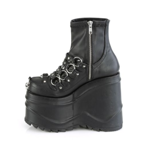 Image of Demonia WAVE-110 Blk Stretch Vegan Leather 6 Inch Wedge PF Stretch Ankle Boot Inside Zip