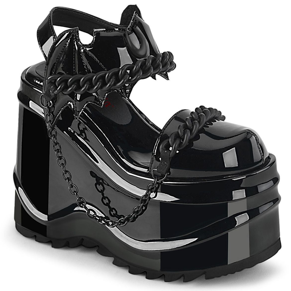 Image of Demonia WAVE-20 Blk Pat 6 Inch Wedge PF Close Toe Ankle Strap Sandal