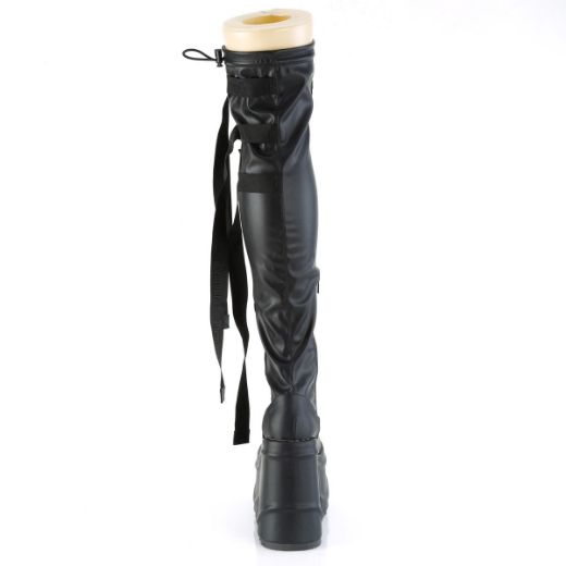 Image of Demonia WAVE-315 Blk Stretch Vegan Leather 6 Inch Wedge PF Lace-Up Stretch Thigh Boot Side Zip