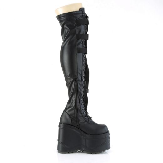 Image of Demonia WAVE-315 Blk Stretch Vegan Leather 6 Inch Wedge PF Lace-Up Stretch Thigh Boot Side Zip