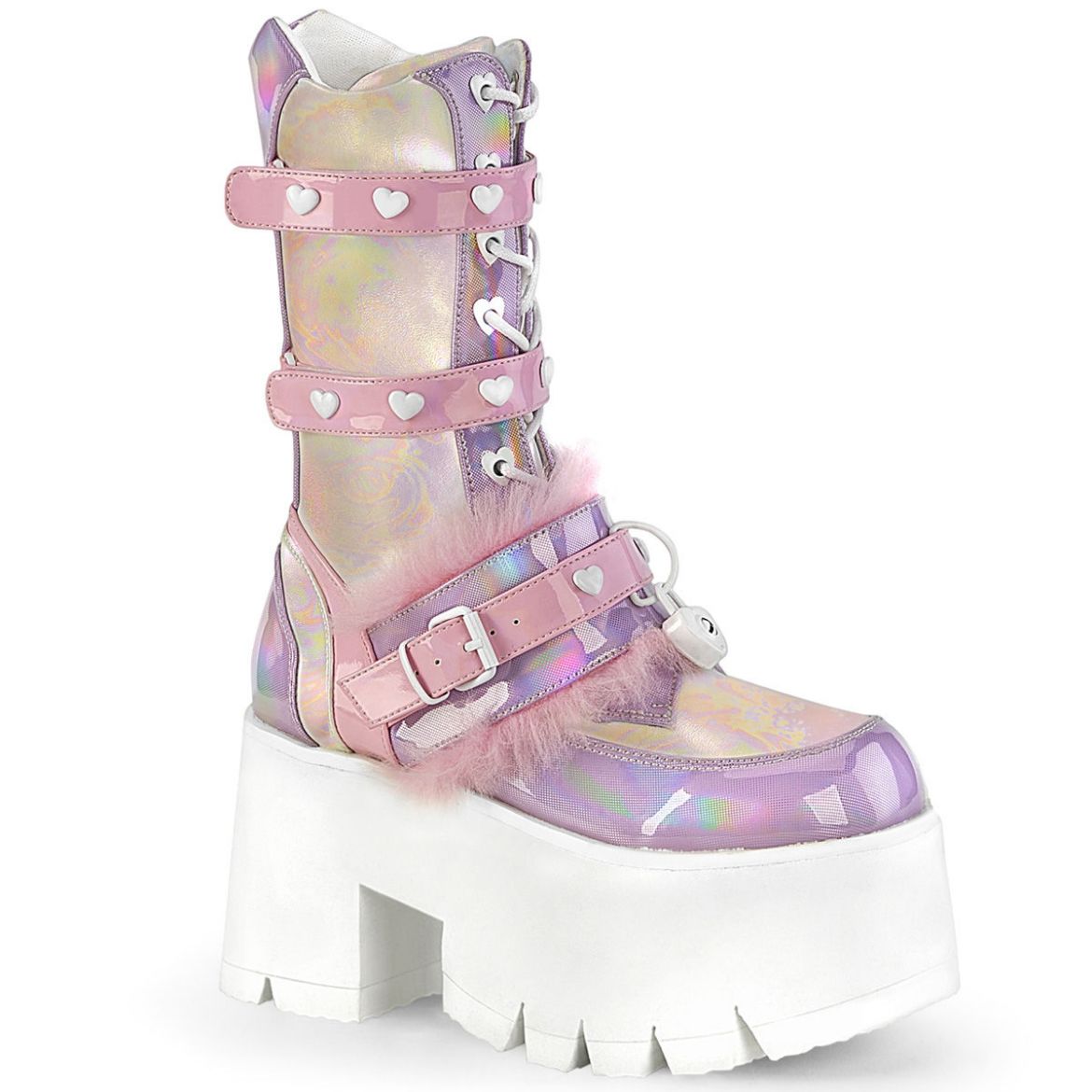 Image of Demonia ASHES-120 B.Pink-Lavender Holographic Pat 3 1/2 Inch Chunky Heel 2 1/4 Inch PF Lace-Up Mid-Calf BT Side Zip