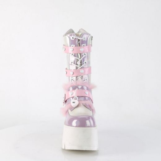 Image of Demonia ASHES-120 B.Pink-Lavender Holographic Pat 3 1/2 Inch Chunky Heel 2 1/4 Inch PF Lace-Up Mid-Calf BT Side Zip