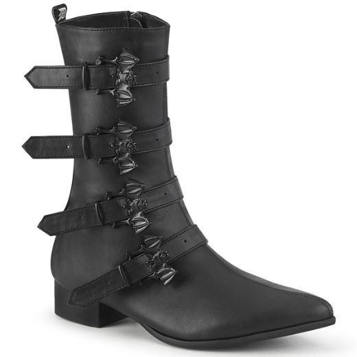 Image of Demonia WARLOCK-110-B Blk Vegan Leather 1 1/2 Inch Block Heel Pointed Toe Mid-Calf Boot Side Zip