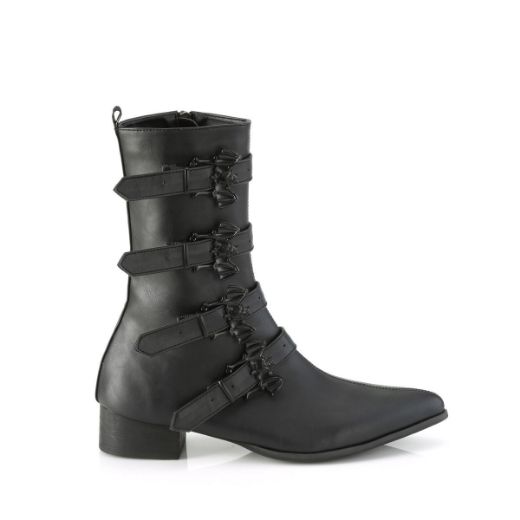 Image of Demonia WARLOCK-110-B Blk Vegan Leather 1 1/2 Inch Block Heel Pointed Toe Mid-Calf Boot Side Zip