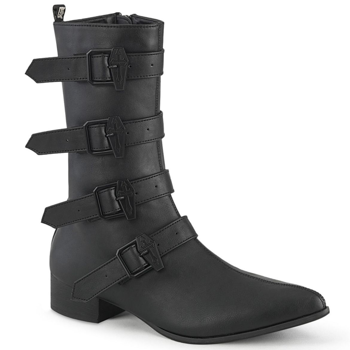 Image of Demonia WARLOCK-110-C Blk Vegan Leather 1 1/2 Inch Block Heel Pointed Toe Mid-Calf Boot Side Zip