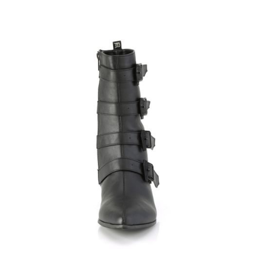 Image of Demonia WARLOCK-110-C Blk Vegan Leather 1 1/2 Inch Block Heel Pointed Toe Mid-Calf Boot Side Zip
