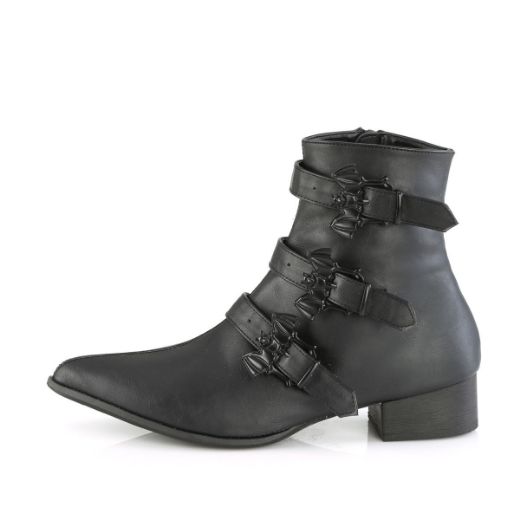 Image of Demonia WARLOCK-50-B Blk Vegan Leather 1 1/2 Inch Block Heel Pointed Toe Ankle Boot Side Zip