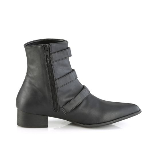 Image of Demonia WARLOCK-50-B Blk Vegan Leather 1 1/2 Inch Block Heel Pointed Toe Ankle Boot Side Zip