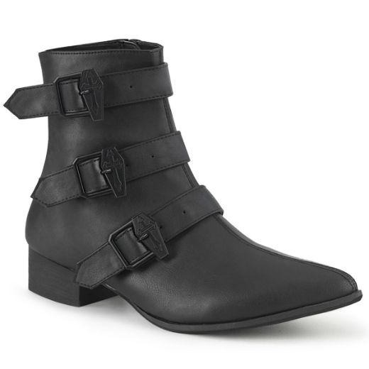 Image of Demonia WARLOCK-50-C Blk Vegan Leather 1 1/2 Inch Block Heel Pointed Toe Ankle Boot Side Zip