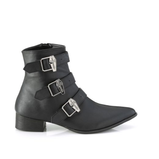 Image of Demonia WARLOCK-50-C Blk Vegan Leather 1 1/2 Inch Block Heel Pointed Toe Ankle Boot Side Zip