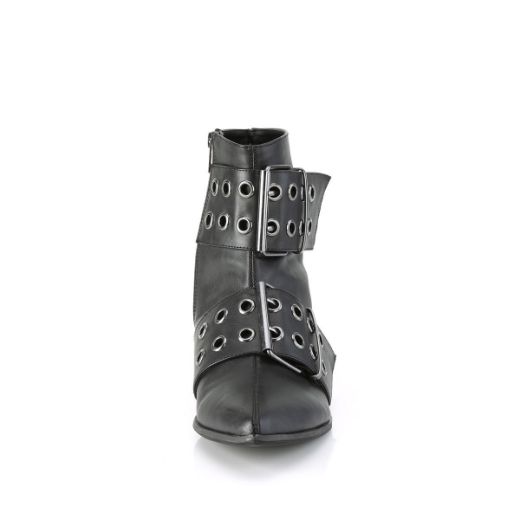 Image of Demonia WARLOCK-55 Blk Vegan Leather 1 1/2 Inch Block Heel Pointed Toe Ankle Boot Side Zip
