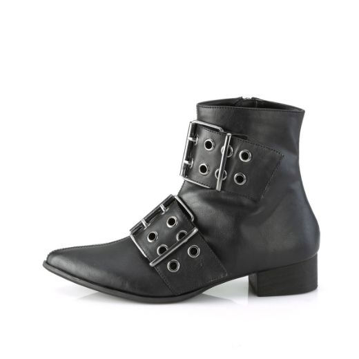 Image of Demonia WARLOCK-55 Blk Vegan Leather 1 1/2 Inch Block Heel Pointed Toe Ankle Boot Side Zip