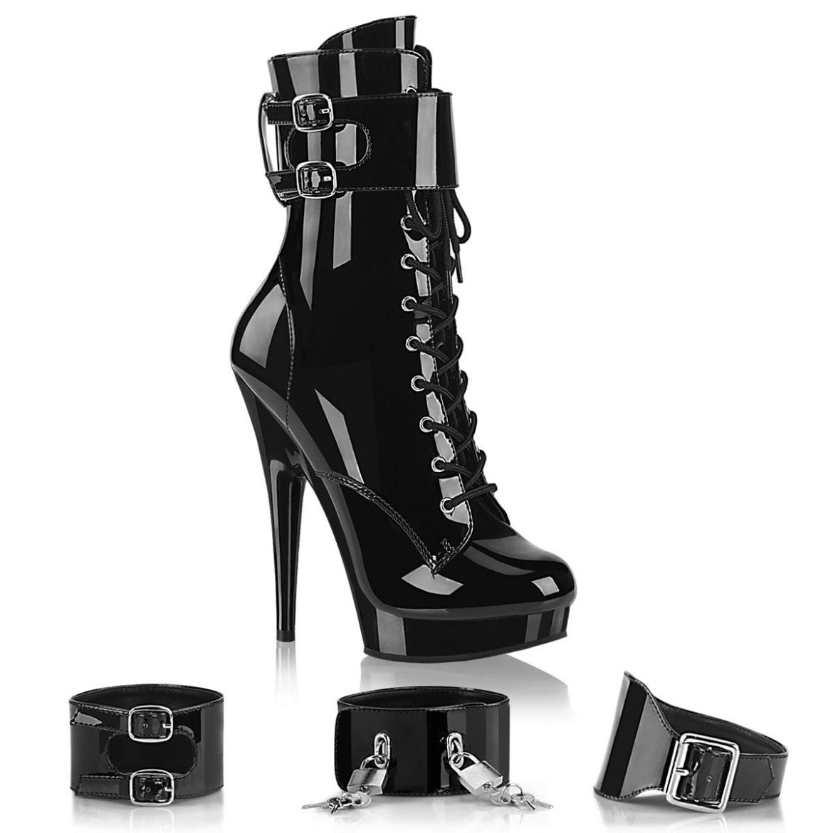 Image of Fabulicious SULTRY-1023 Blk Pat/Blk 6 Inch Heel 1 Inch PF Lace-Up Ankle Boot Side Zip