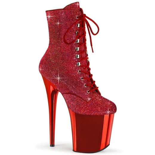 Image of Pleaser FLAMINGO-1020CHRS Red RS/Red Chrome 8 Inch Heel  4 Inch PF Lace-Up RS Embellished Ankle Boot Side Zip