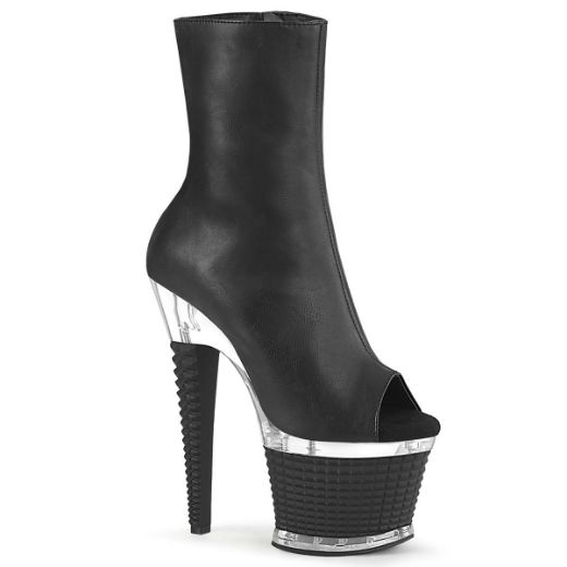 Image of Pleaser SPECTATOR-1012 Blk Faux Leather/Clr-Blk Matte 7 Inch Heel 3 Inch Textured PF Peep Toe Ankle Boot Side Zip
