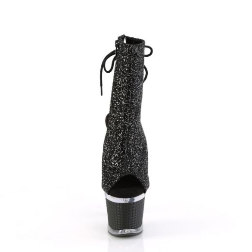 Image of Pleaser SPECTATOR-1018G Blk Glitter/Clr-Blk 7 Inch Heel 3 Inch Textured PF Open Toe/Heel Ankle Boot Side Zip