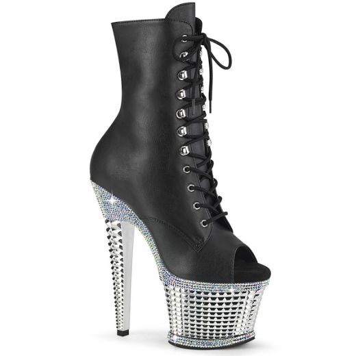 Image of Pleaser SPECTATOR-1021RS Blk Faux Leather/Slv RS-Chrome 7 Inch Heel 3 Inch Textured PF Peep Toe Ankle Boot Side Zip