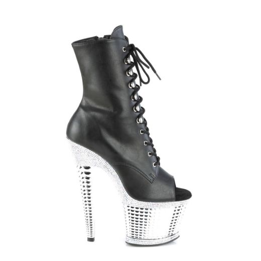 Image of Pleaser SPECTATOR-1021RS Blk Faux Leather/Slv RS-Chrome 7 Inch Heel 3 Inch Textured PF Peep Toe Ankle Boot Side Zip