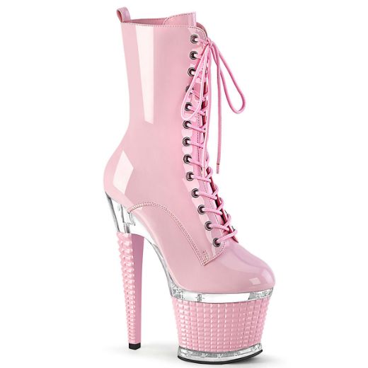 Image of Pleaser SPECTATOR-1040 B. Pink/Clr-B. Pink 7 Inch Heel 3 Inch Textured PF Lace-Up Front Ankle Boot Side Zip