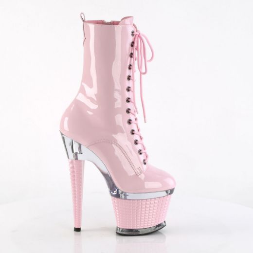 Image of Pleaser SPECTATOR-1040 B. Pink/Clr-B. Pink 7 Inch Heel 3 Inch Textured PF Lace-Up Front Ankle Boot Side Zip