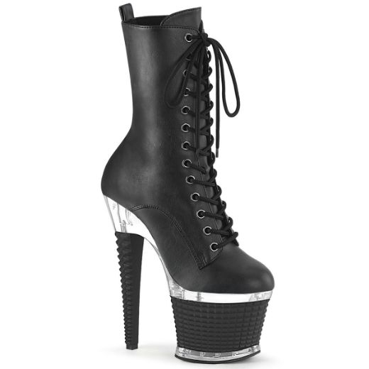 Image of Pleaser SPECTATOR-1040 Blk Faux Leather/Clr-Blk Matte 7 Inch Heel 3 Inch Textured PF Lace-Up Front Ankle Boot Side Zip