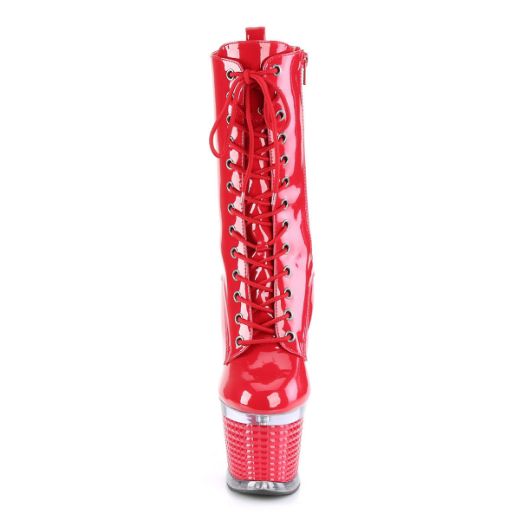 Image of Pleaser SPECTATOR-1040 Red/Clr-Red 7 Inch Heel 3 Inch Textured PF Lace-Up Front Ankle Boot Side Zip