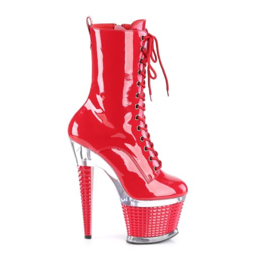 Image of Pleaser SPECTATOR-1040 Red/Clr-Red 7 Inch Heel 3 Inch Textured PF Lace-Up Front Ankle Boot Side Zip