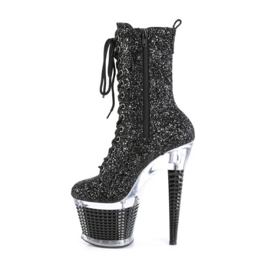 Image of Pleaser SPECTATOR-1040G Blk Glitter/Clr-Blk 7 Inch Heel 3 Inch Textured PF Lace-Up Front Ankle Boot Side Zip