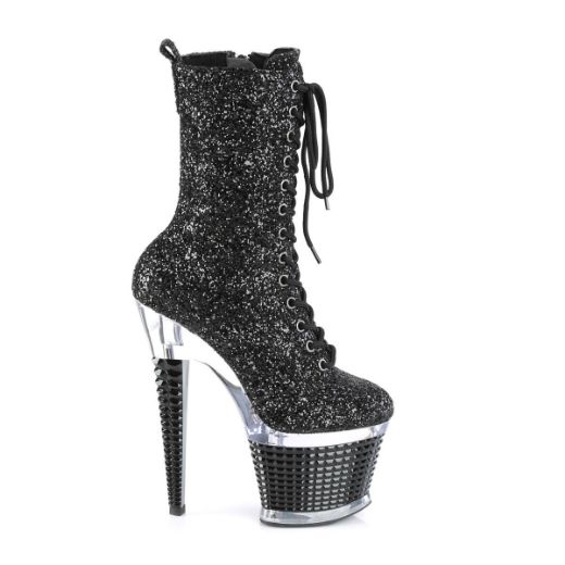 Image of Pleaser SPECTATOR-1040G Blk Glitter/Clr-Blk 7 Inch Heel 3 Inch Textured PF Lace-Up Front Ankle Boot Side Zip