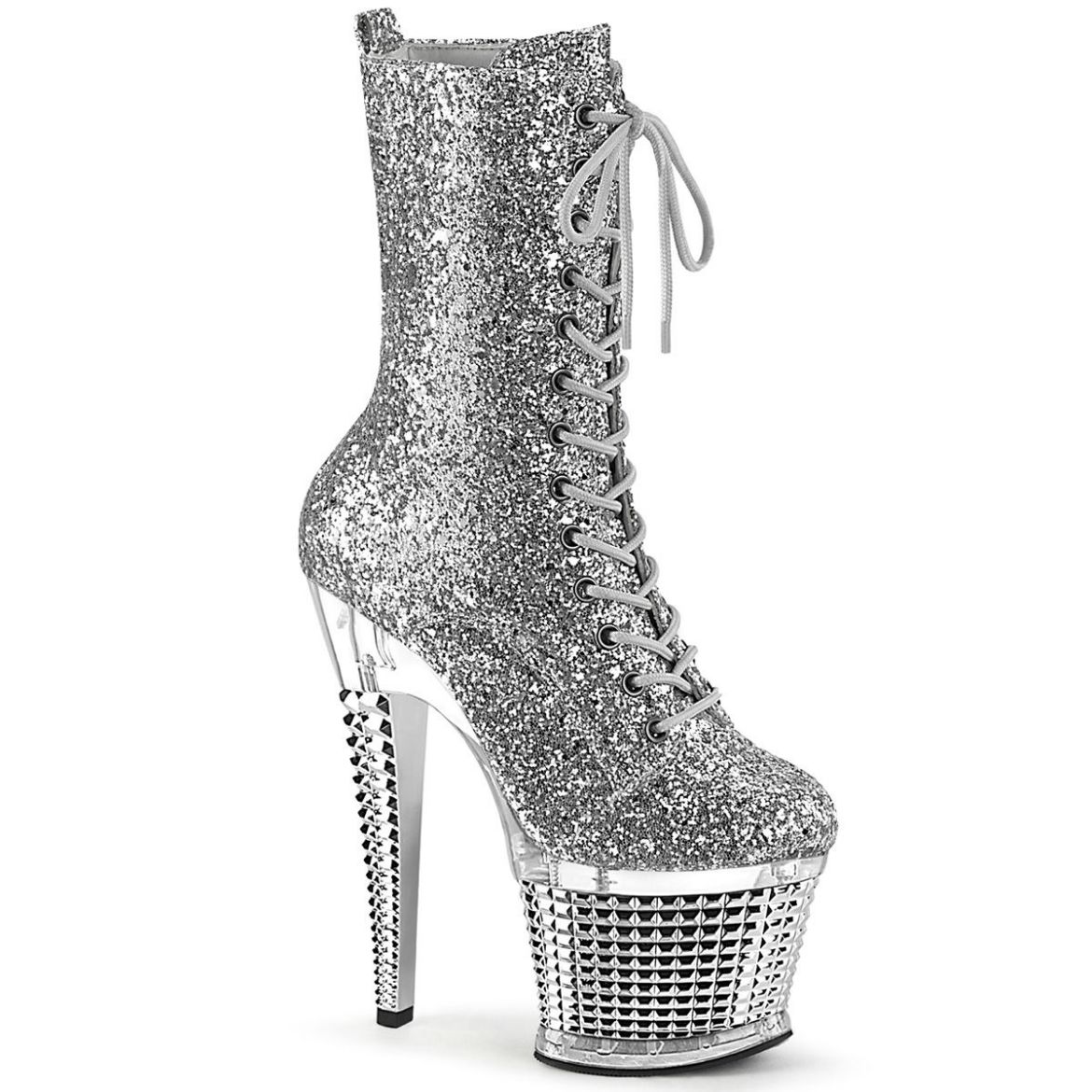 Image of Pleaser SPECTATOR-1040G Slv Glitter/Clr-Slv Chrome 7 Inch Heel 3 Inch Textured PF Lace-Up Front Ankle Boot Side Zip